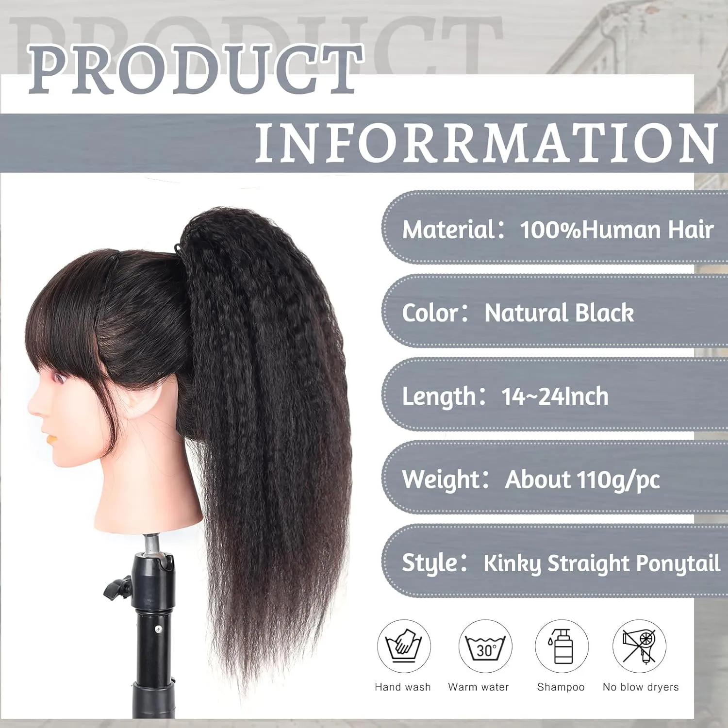 Kinky Straight Ponytail Extension Drawstring Human Hair Clip In Real Brazilian Virgin Human Hair Ponytails For Black Women Yaki Hair Pieces Natural Black (Kinky Straight Ponytail, 14 Inch)