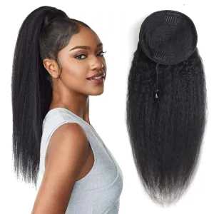 Kinky Straight Ponytail Extension Drawstring Human Hair Clip In Real Brazilian Virgin Human Hair Ponytails For Black Women Yaki Hair Pieces Natural Black (Kinky Straight Ponytail, 14 Inch)