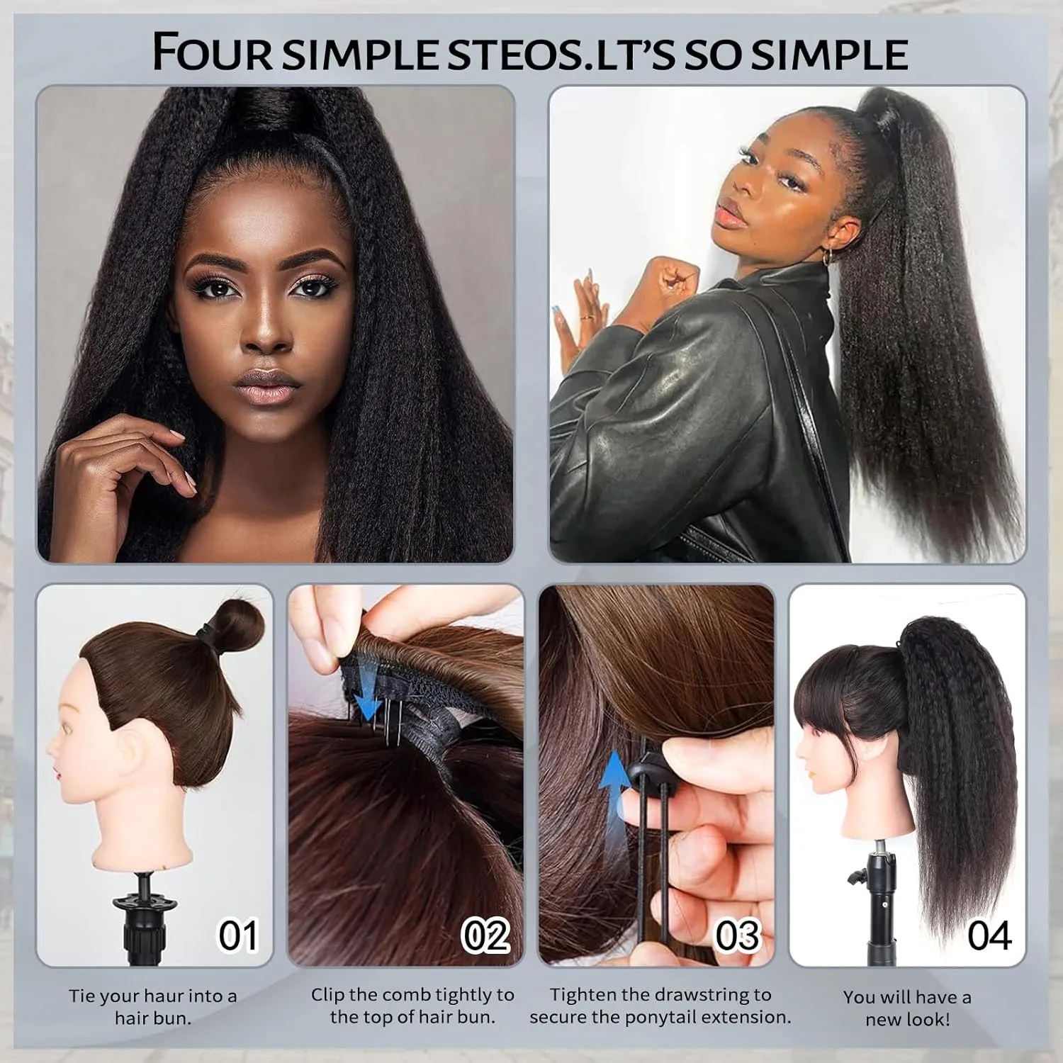 Kinky Straight Ponytail Extension Drawstring Human Hair Clip In Real Brazilian Virgin Human Hair Ponytails For Black Women Yaki Hair Pieces Natural Black (Kinky Straight Ponytail, 14 Inch)