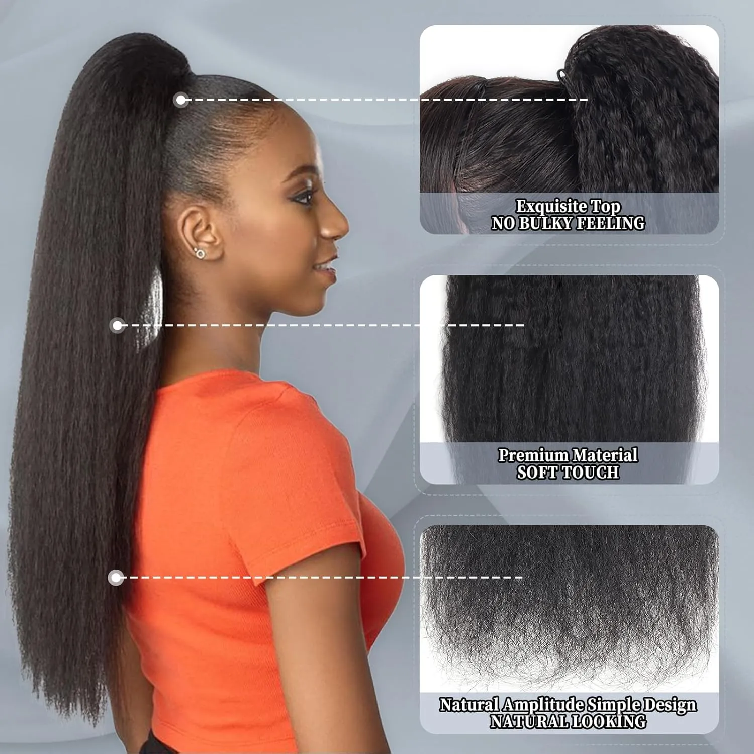 Kinky Straight Ponytail Extension Drawstring Human Hair Clip In Real Brazilian Virgin Human Hair Ponytails For Black Women Yaki Hair Pieces Natural Black (Kinky Straight Ponytail, 14 Inch)