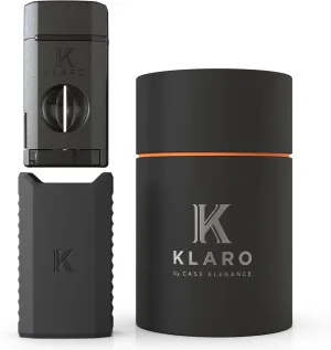 KLARO Triple Torch Lighter and V-Cut Cutter – Spring-Loaded V-Cut, with Cigar Rest Lid, Gift-Ready with Silicone Sleeve – Black Finish – Cigar Lighter for Men