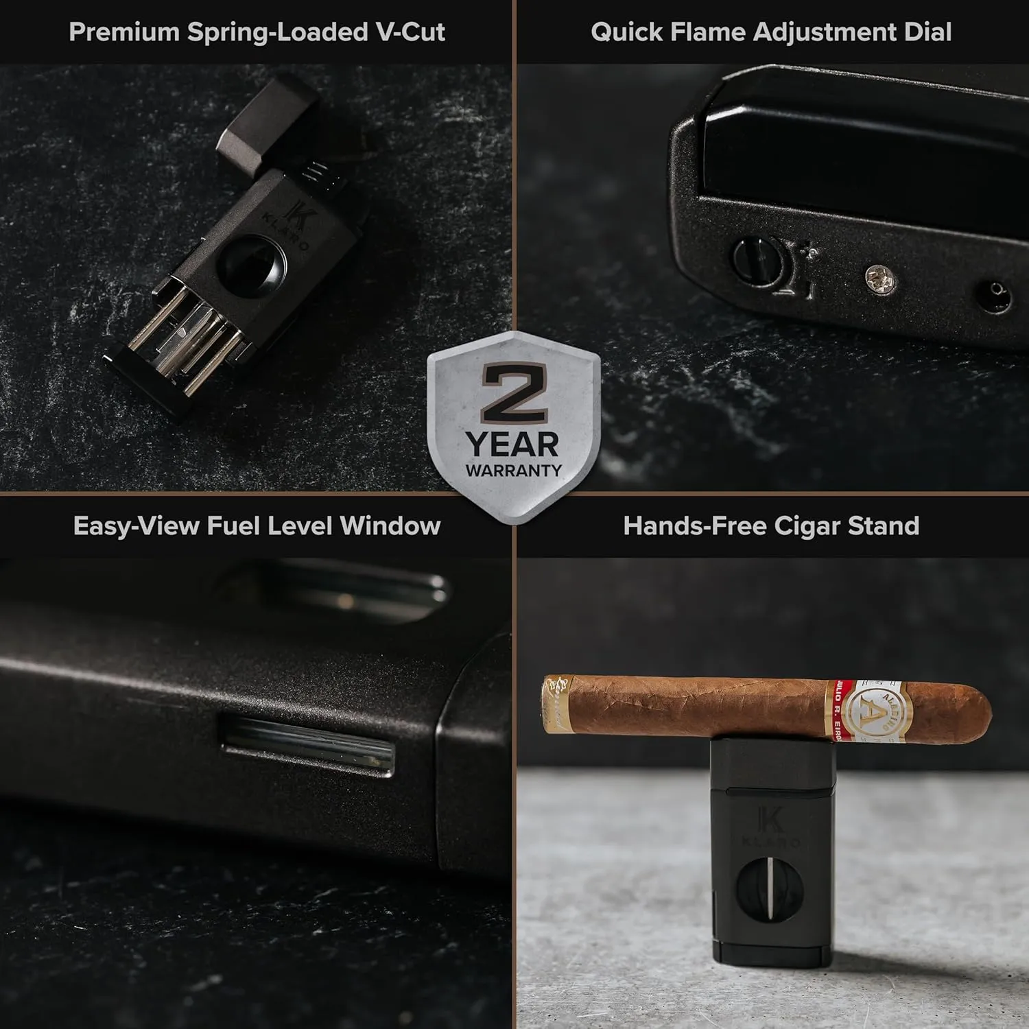 KLARO Triple Torch Lighter and V-Cut Cutter – Spring-Loaded V-Cut, with Cigar Rest Lid, Gift-Ready with Silicone Sleeve – Black Finish – Cigar Lighter for Men