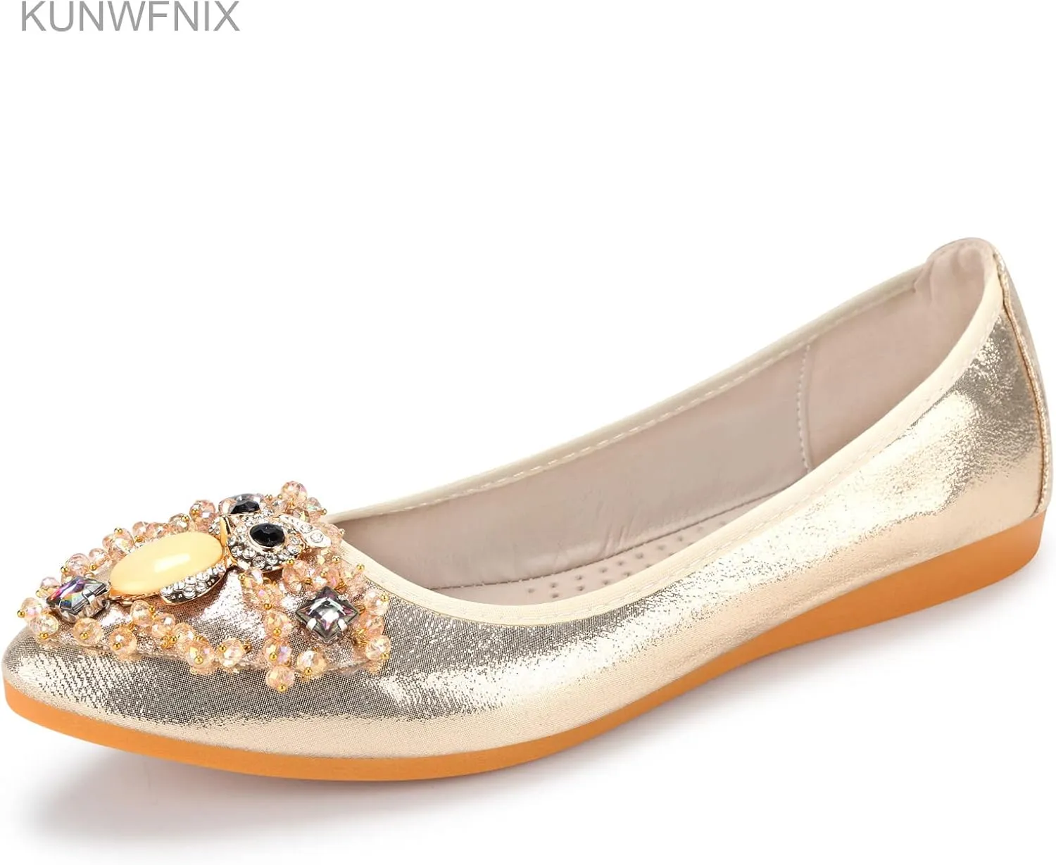 KUNWFNIX Women's Ballet Flats Foldable Classic Crown Rhinestone Slip On Flowers PU Leather Pointed Toe Comfort Flat Casual Dress Shoes
