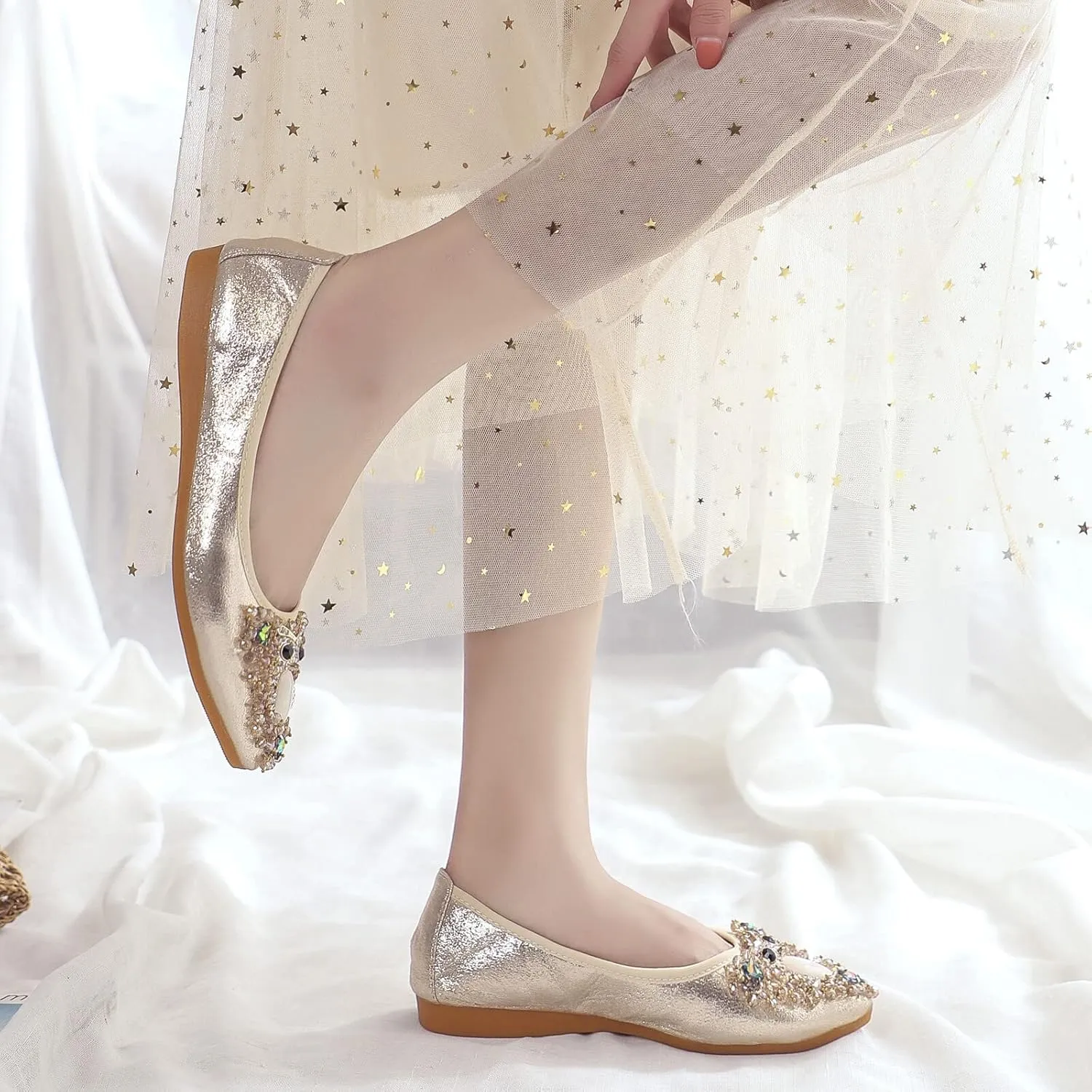 KUNWFNIX Women's Ballet Flats Foldable Classic Crown Rhinestone Slip On Flowers PU Leather Pointed Toe Comfort Flat Casual Dress Shoes