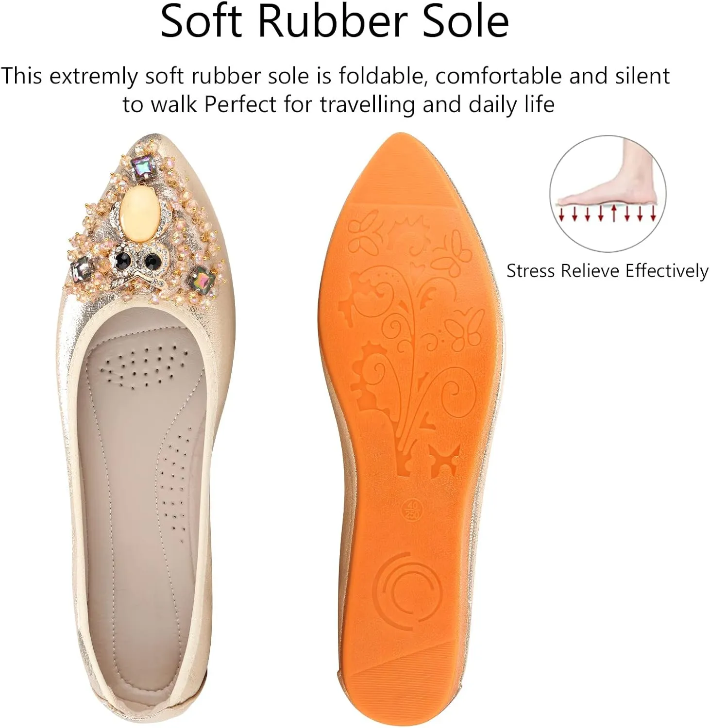 KUNWFNIX Women's Ballet Flats Foldable Classic Crown Rhinestone Slip On Flowers PU Leather Pointed Toe Comfort Flat Casual Dress Shoes