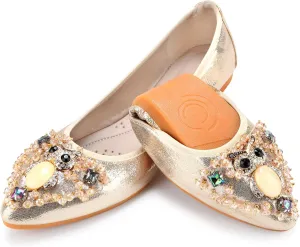 KUNWFNIX Women's Ballet Flats Foldable Classic Crown Rhinestone Slip On Flowers PU Leather Pointed Toe Comfort Flat Casual Dress Shoes