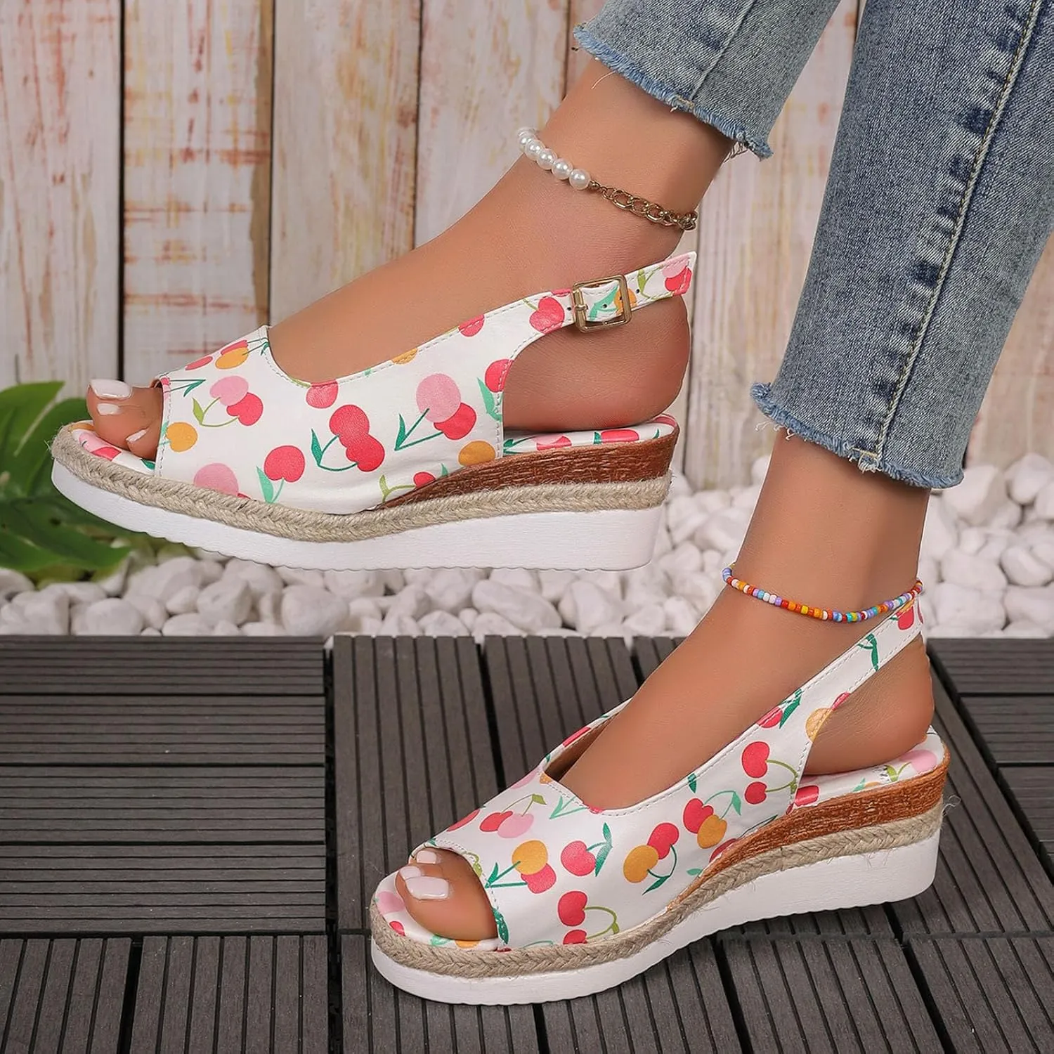Ladies Summer Cherry Printed Soft Leather Buckle Slope Heel Thick Bottom Large Size Fish Mouth Women Thong Sandals Wedge
