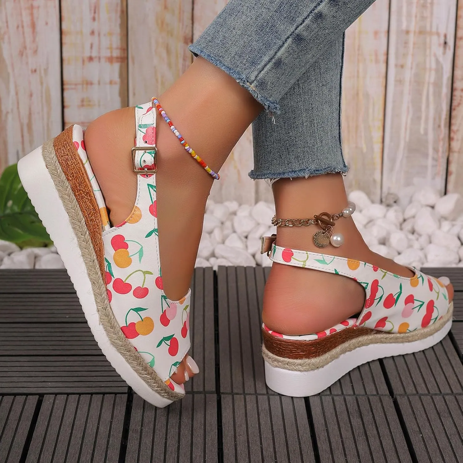 Ladies Summer Cherry Printed Soft Leather Buckle Slope Heel Thick Bottom Large Size Fish Mouth Women Thong Sandals Wedge