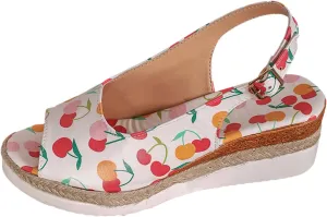 Ladies Summer Cherry Printed Soft Leather Buckle Slope Heel Thick Bottom Large Size Fish Mouth Women Thong Sandals Wedge