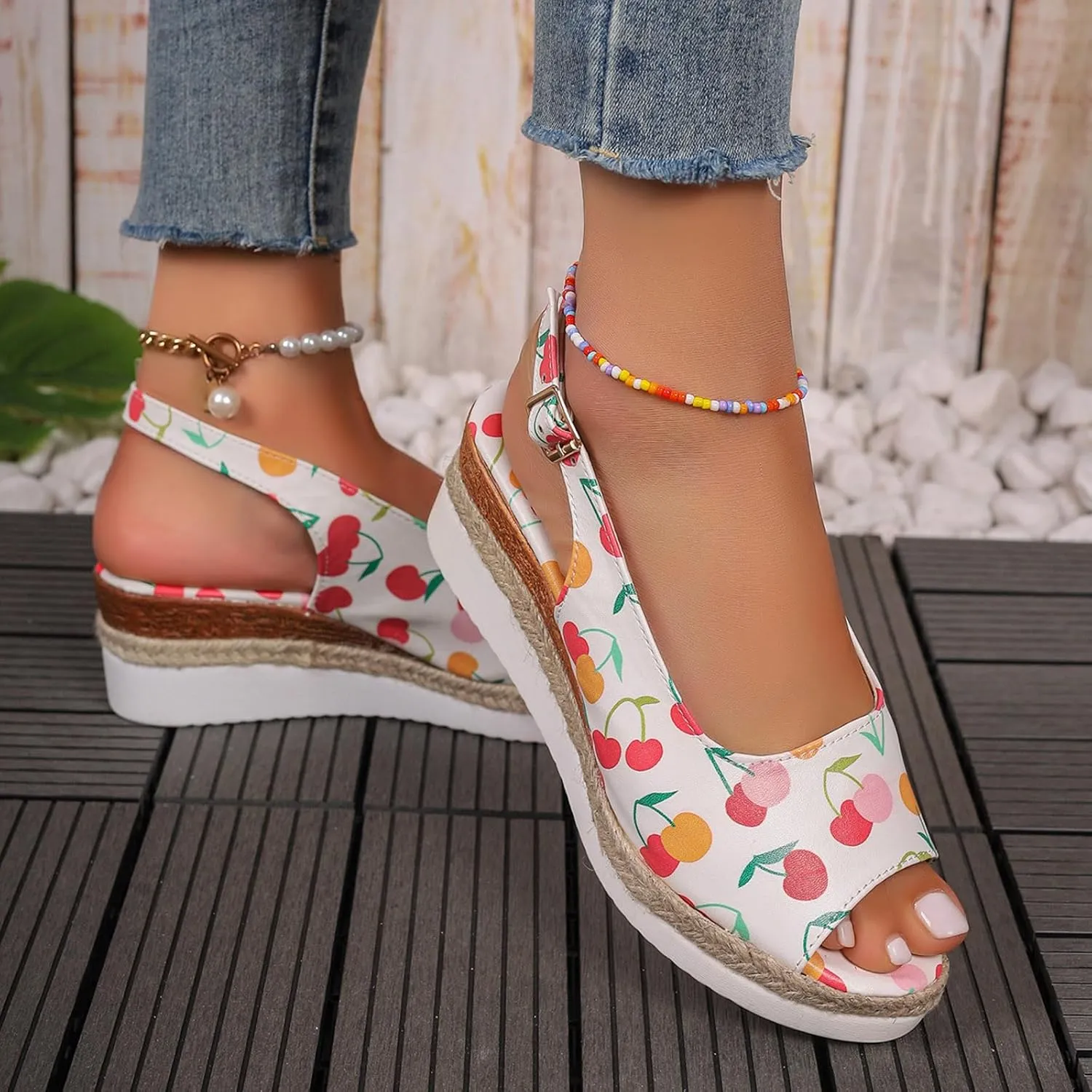 Ladies Summer Cherry Printed Soft Leather Buckle Slope Heel Thick Bottom Large Size Fish Mouth Women Thong Sandals Wedge