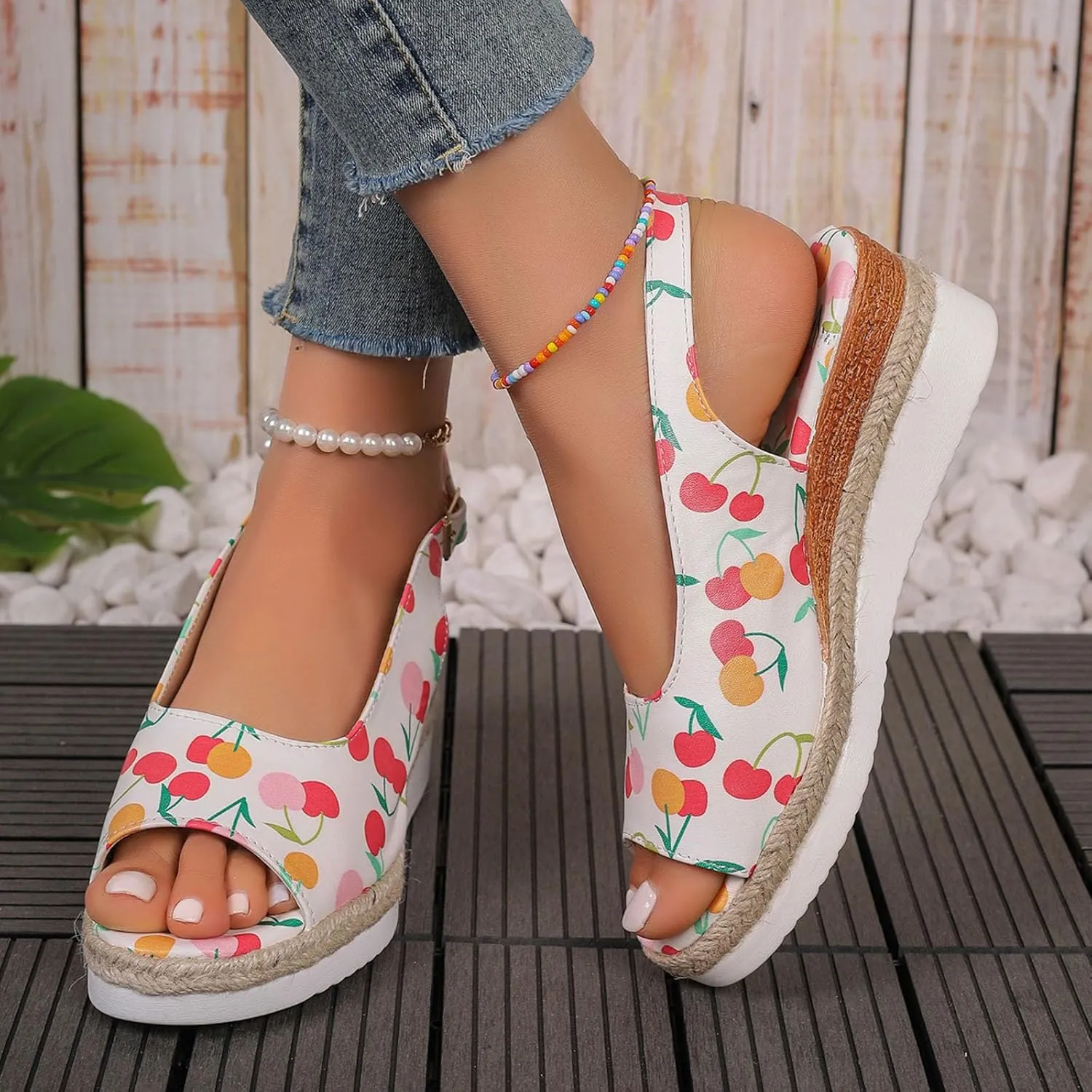 Ladies Summer Cherry Printed Soft Leather Buckle Slope Heel Thick Bottom Large Size Fish Mouth Women Thong Sandals Wedge