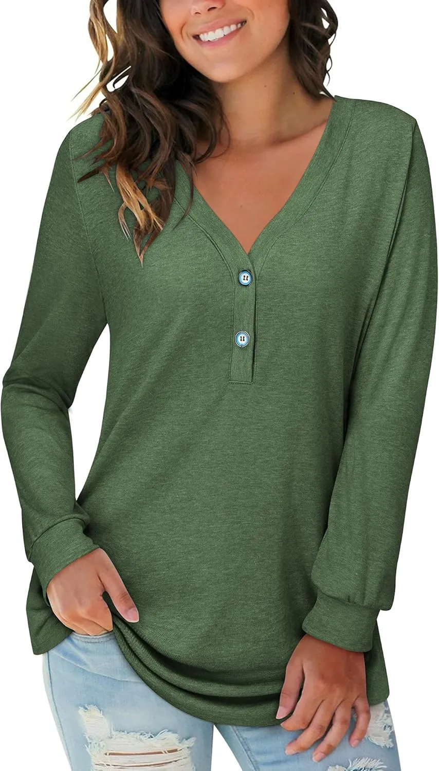 LAISHEN Women's V Neck Summer Tops Casual Henley Button Down T Shirts Tunic 2024