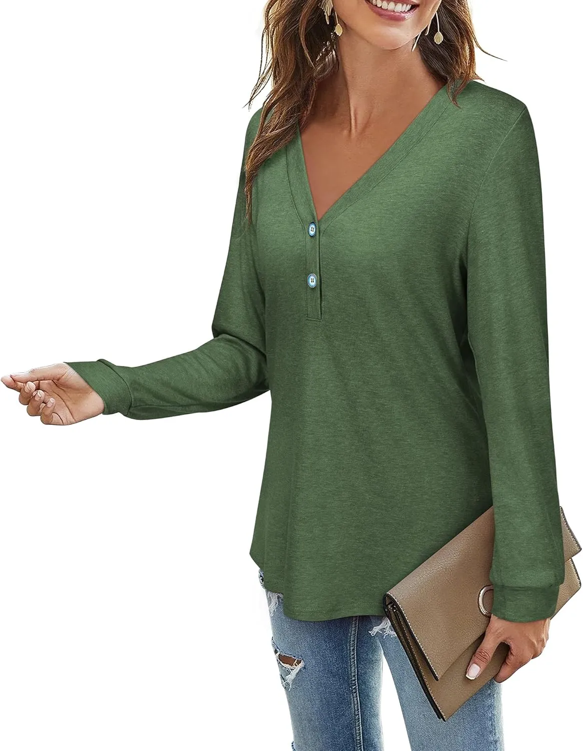 LAISHEN Women's V Neck Summer Tops Casual Henley Button Down T Shirts Tunic 2024
