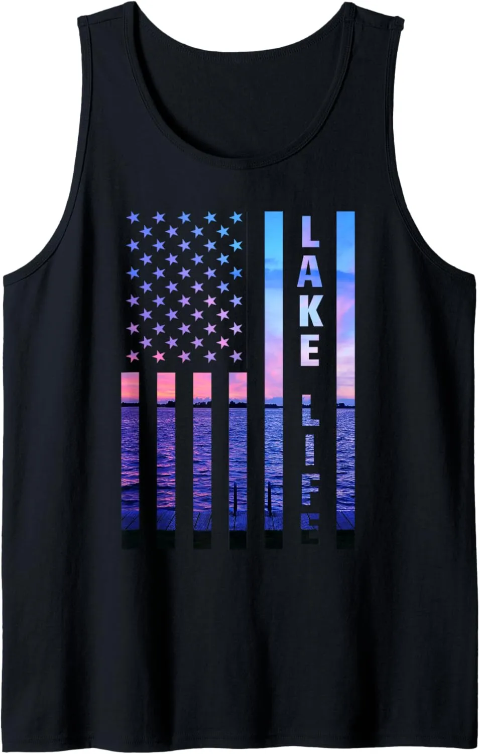 Lake Life American Flag Dock Sunset Wakeboarder Power Boat Tank Top