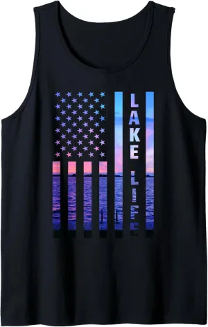 Lake Life American Flag Dock Sunset Wakeboarder Power Boat Tank Top