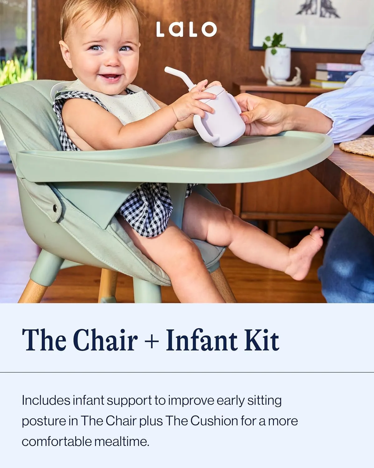 Lalo The High Chair Infant Kit - Convertible Wooden High Chair for Babies & Toddlers with Infant Support & Cushion, Grows with Your Child, Dishwasher Safe Tray, Adjustable Footrest Sage