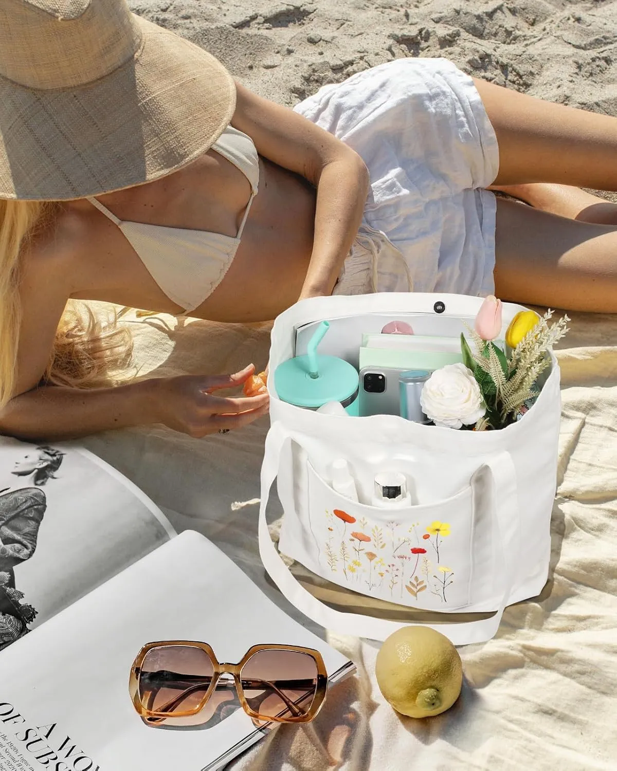 Large Canvas Tote Bag Zipper Closure - Outside Pocket Size 17.5''×14'' Aesthetic Boat Bag for Women Cotton