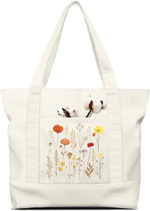 Large Canvas Tote Bag Zipper Closure - Outside Pocket Size 17.5''×14'' Aesthetic Boat Bag for Women Cotton
