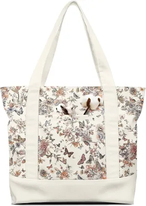 Large Canvas Tote Bag Zipper Closure - Outside Pocket Size 17.5''×14'' Aesthetic Boat Bag for Women Cotton