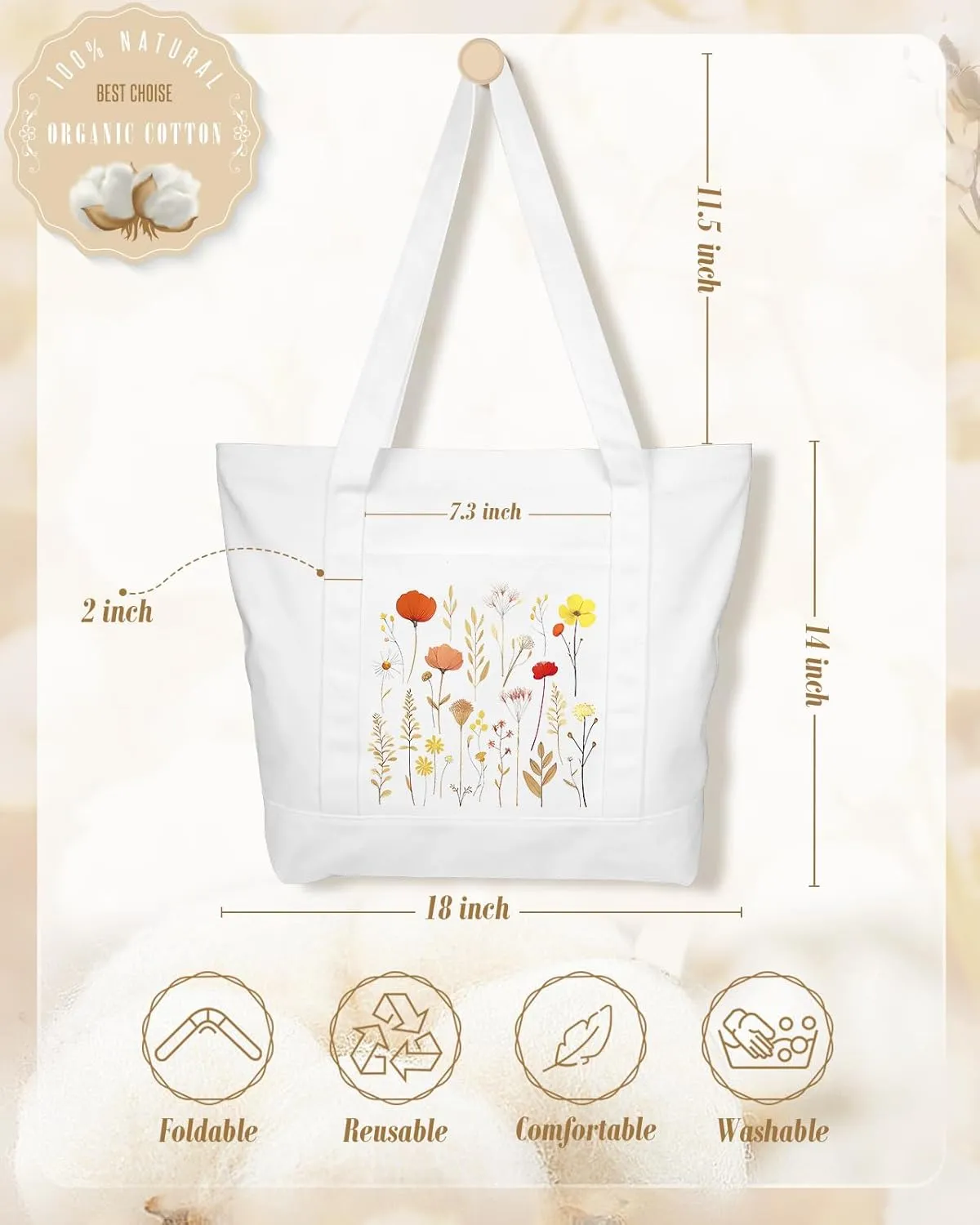 Large Canvas Tote Bag Zipper Closure - Outside Pocket Size 17.5''×14'' Aesthetic Boat Bag for Women Cotton
