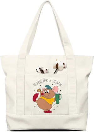 Large Canvas Tote Bag Zipper Closure - Outside Pocket Size 17.5''×14'' Aesthetic Boat Bag for Women Cotton