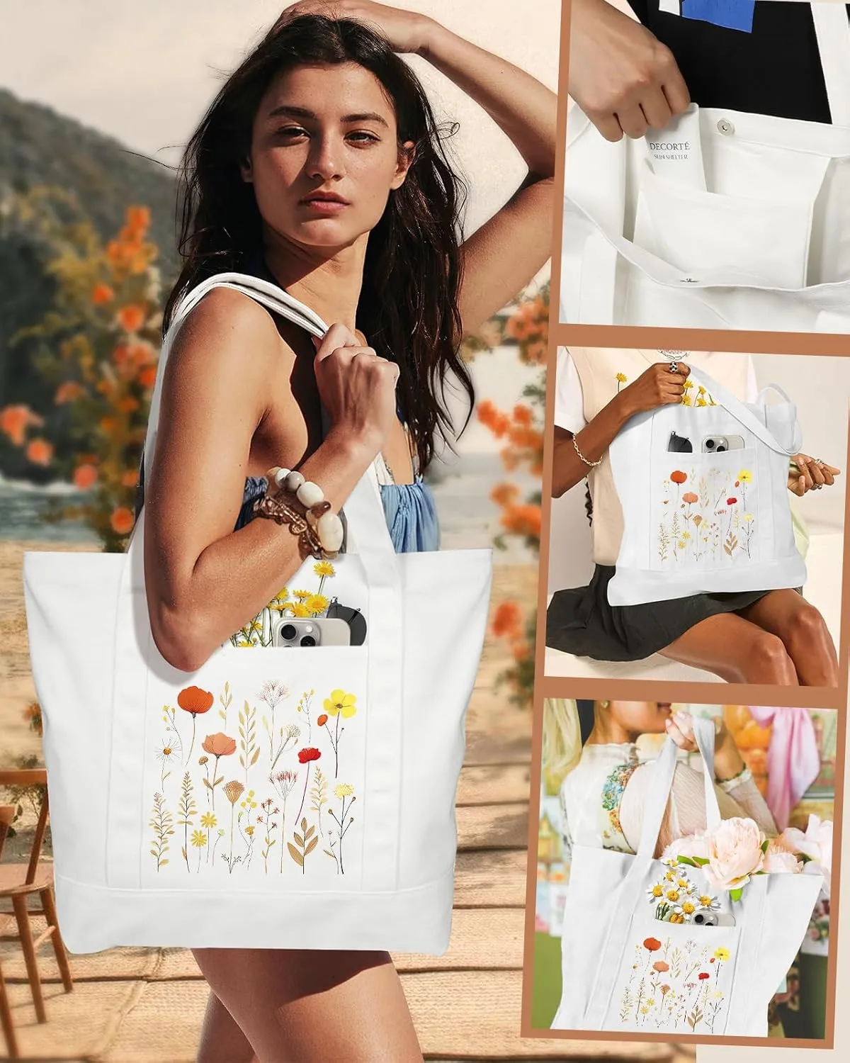 Large Canvas Tote Bag Zipper Closure - Outside Pocket Size 17.5''×14'' Aesthetic Boat Bag for Women Cotton