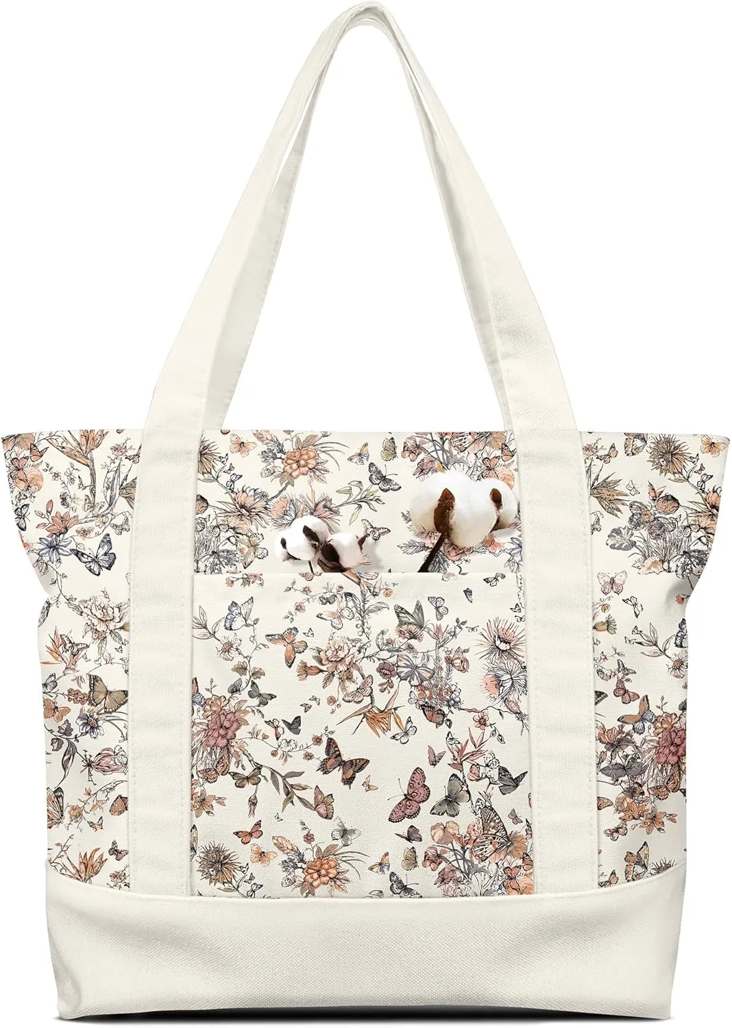 Large Canvas Tote Bag Zipper Closure - Outside Pocket Size 17.5''×14'' Aesthetic Boat Bag for Women Cotton