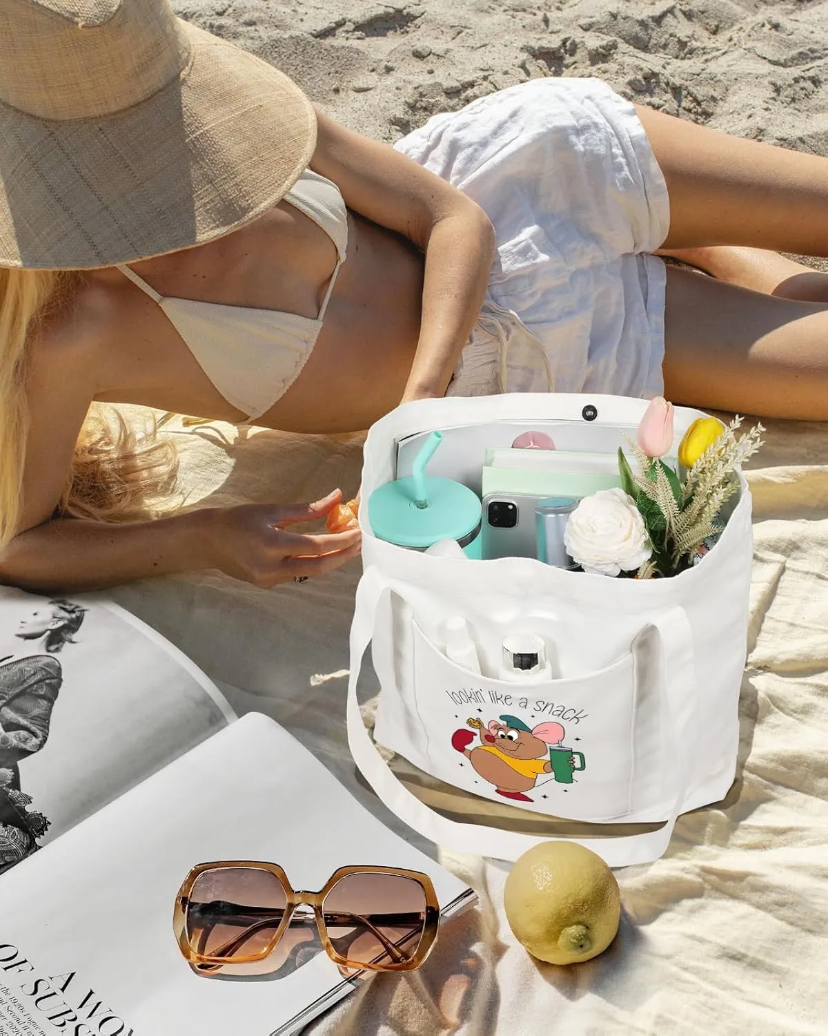 Large Canvas Tote Bag Zipper Closure - Outside Pocket Size 17.5''×14'' Aesthetic Boat Bag for Women Cotton