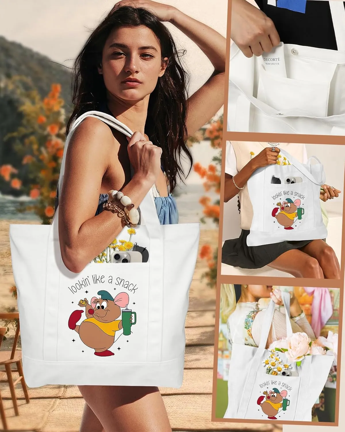 Large Canvas Tote Bag Zipper Closure - Outside Pocket Size 17.5''×14'' Aesthetic Boat Bag for Women Cotton