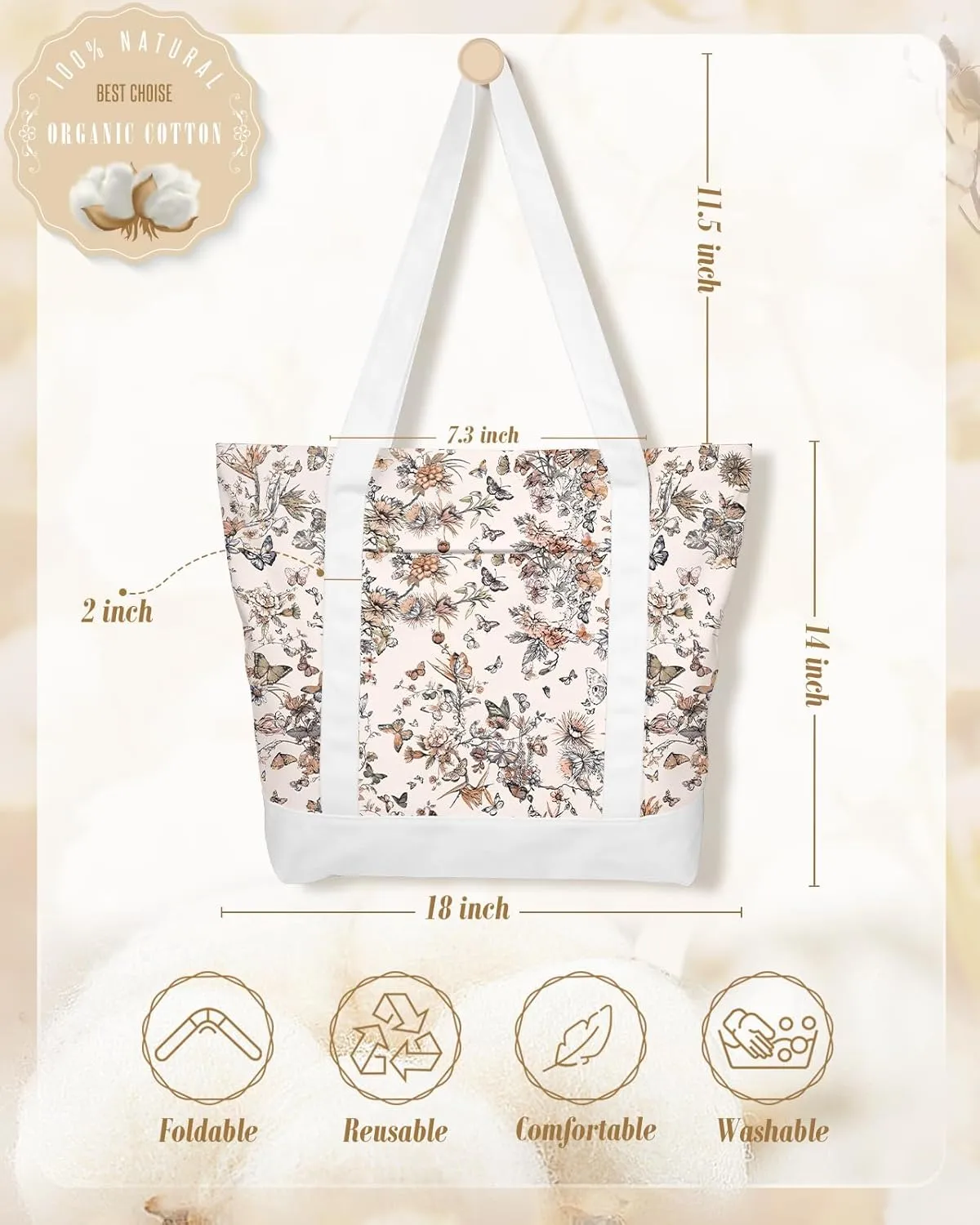 Large Canvas Tote Bag Zipper Closure - Outside Pocket Size 17.5''×14'' Aesthetic Boat Bag for Women Cotton