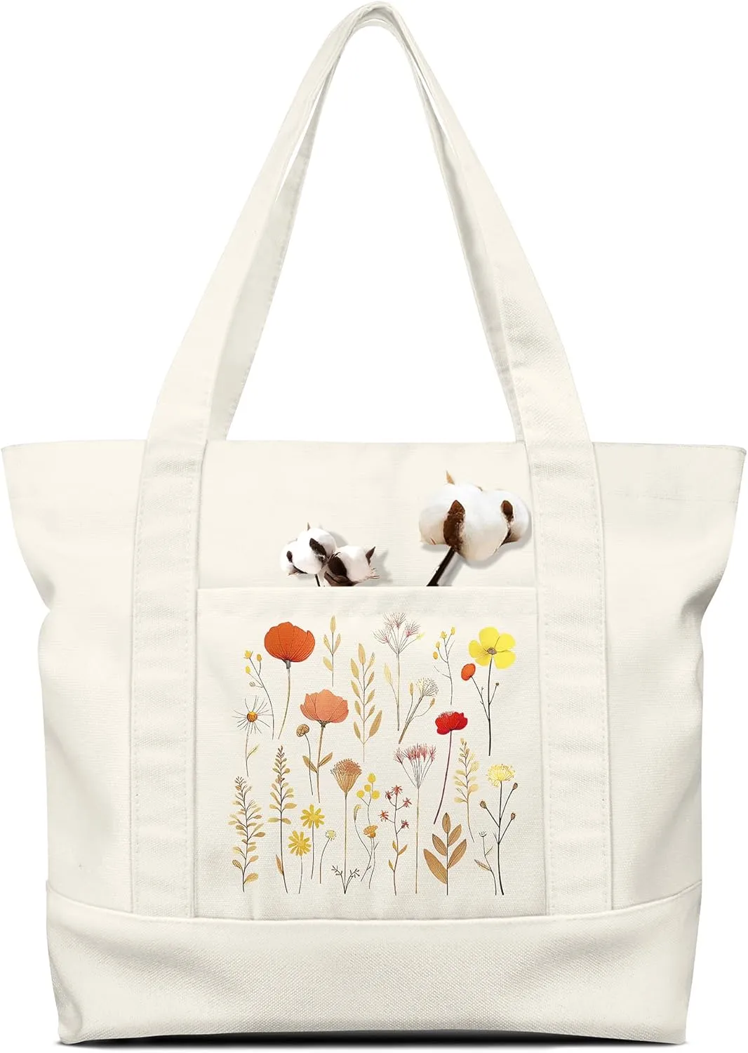 Large Canvas Tote Bag Zipper Closure - Outside Pocket Size 17.5''×14'' Aesthetic Boat Bag for Women Cotton