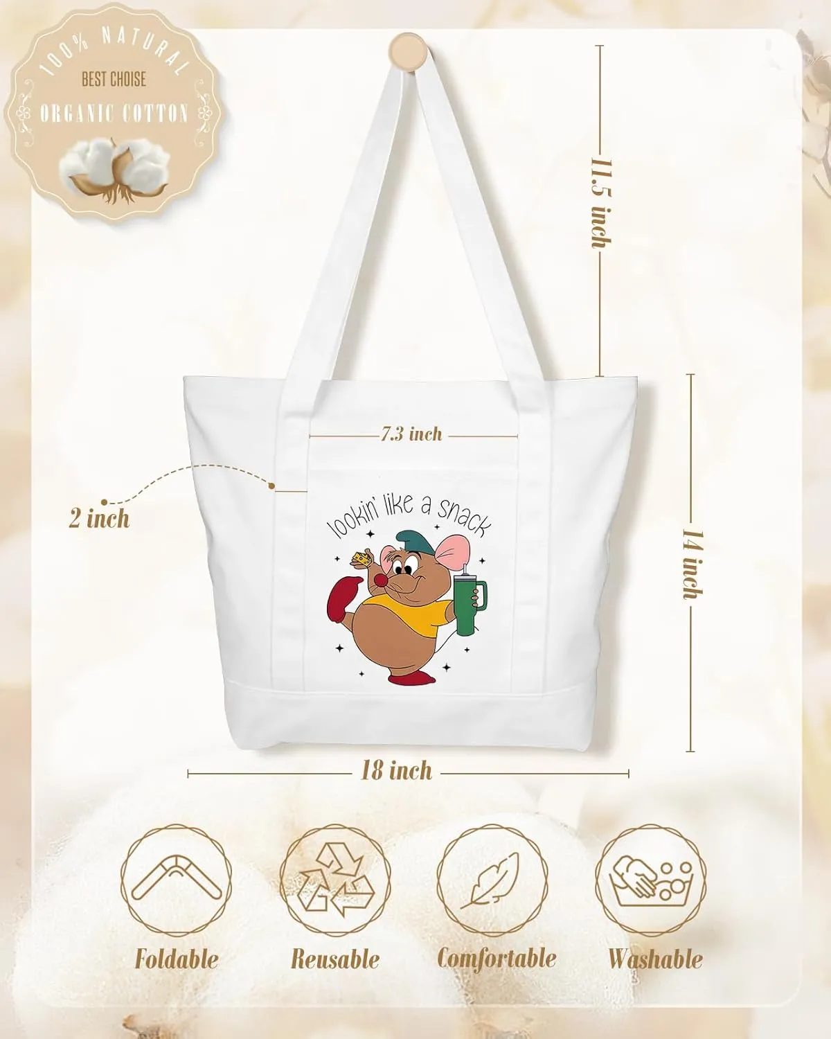 Large Canvas Tote Bag Zipper Closure - Outside Pocket Size 17.5''×14'' Aesthetic Boat Bag for Women Cotton