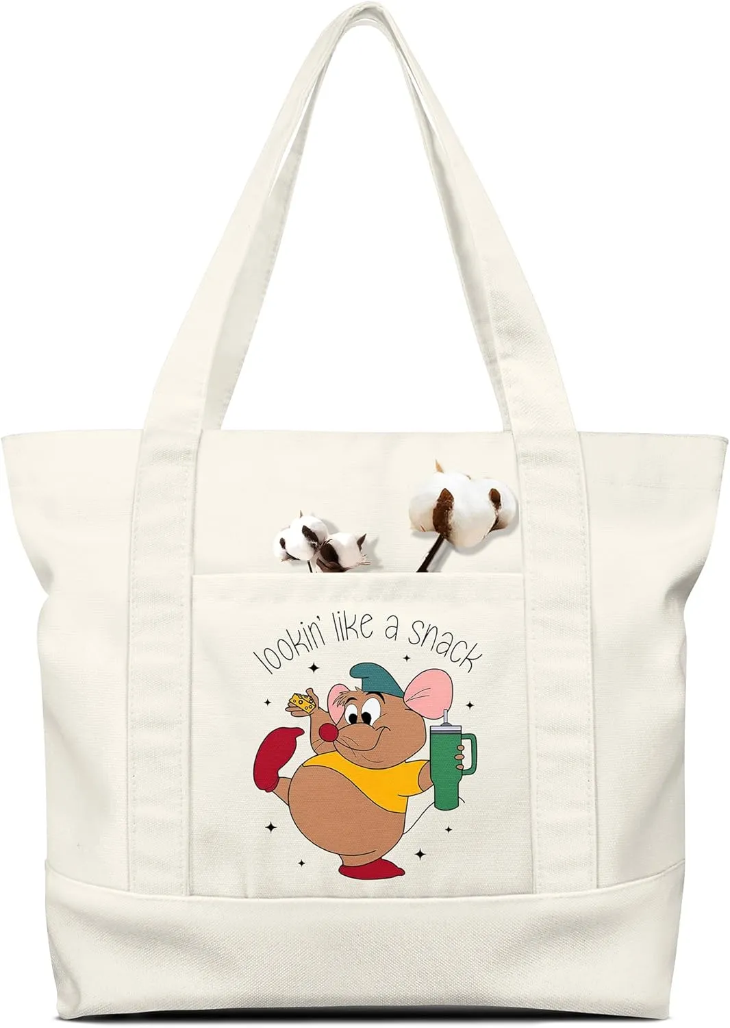 Large Canvas Tote Bag Zipper Closure - Outside Pocket Size 17.5''×14'' Aesthetic Boat Bag for Women Cotton