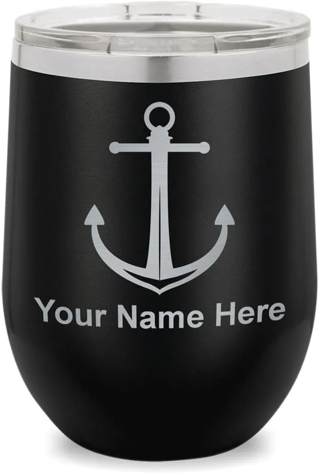 LaserGram Double Wall Stainless Steel Wine Glass Tumbler, Boat Anchor, Personalized Engraving Included (Black)
