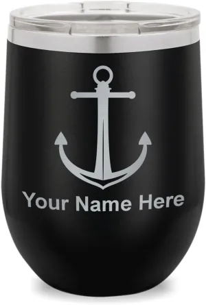 LaserGram Double Wall Stainless Steel Wine Glass Tumbler, Boat Anchor, Personalized Engraving Included (Black)