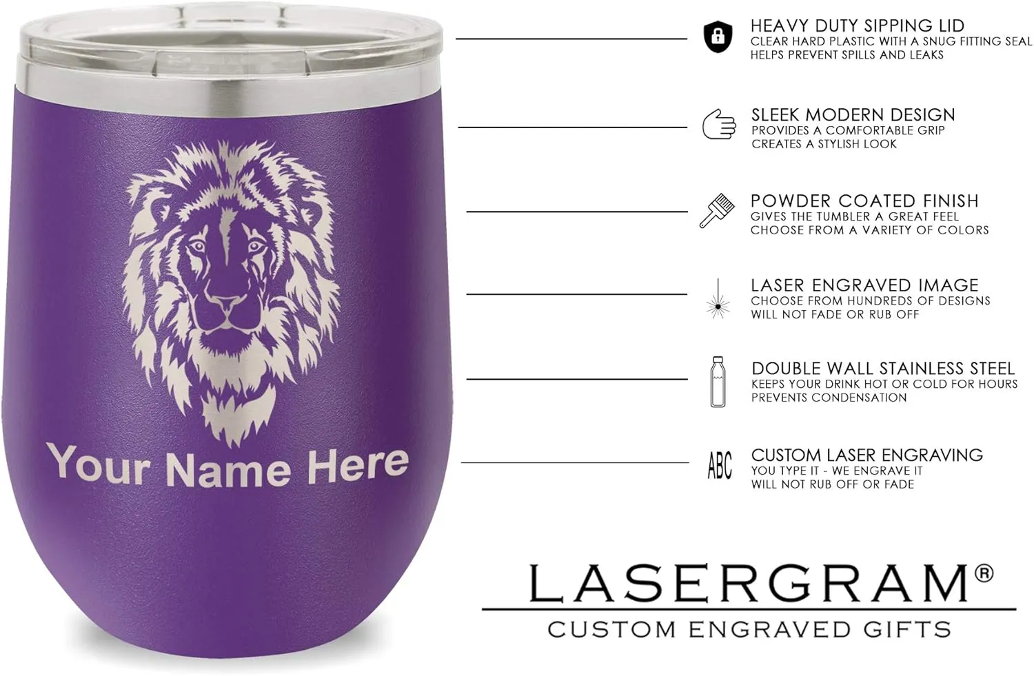 LaserGram Double Wall Stainless Steel Wine Glass Tumbler, Boat Anchor, Personalized Engraving Included (Dark Purple)