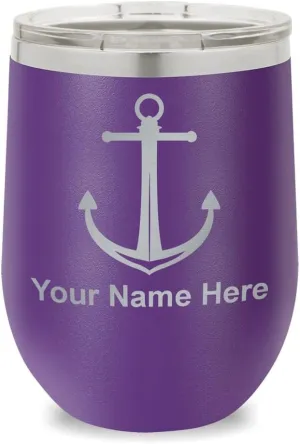 LaserGram Double Wall Stainless Steel Wine Glass Tumbler, Boat Anchor, Personalized Engraving Included (Dark Purple)