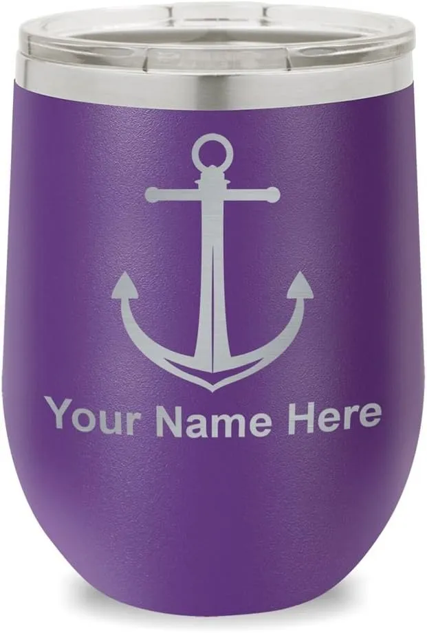 LaserGram Double Wall Stainless Steel Wine Glass Tumbler, Boat Anchor, Personalized Engraving Included (Dark Purple)