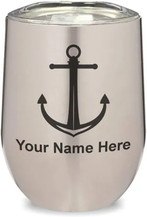 LaserGram Double Wall Stainless Steel Wine Glass Tumbler, Boat Anchor, Personalized Engraving Included (Stainless Steel)