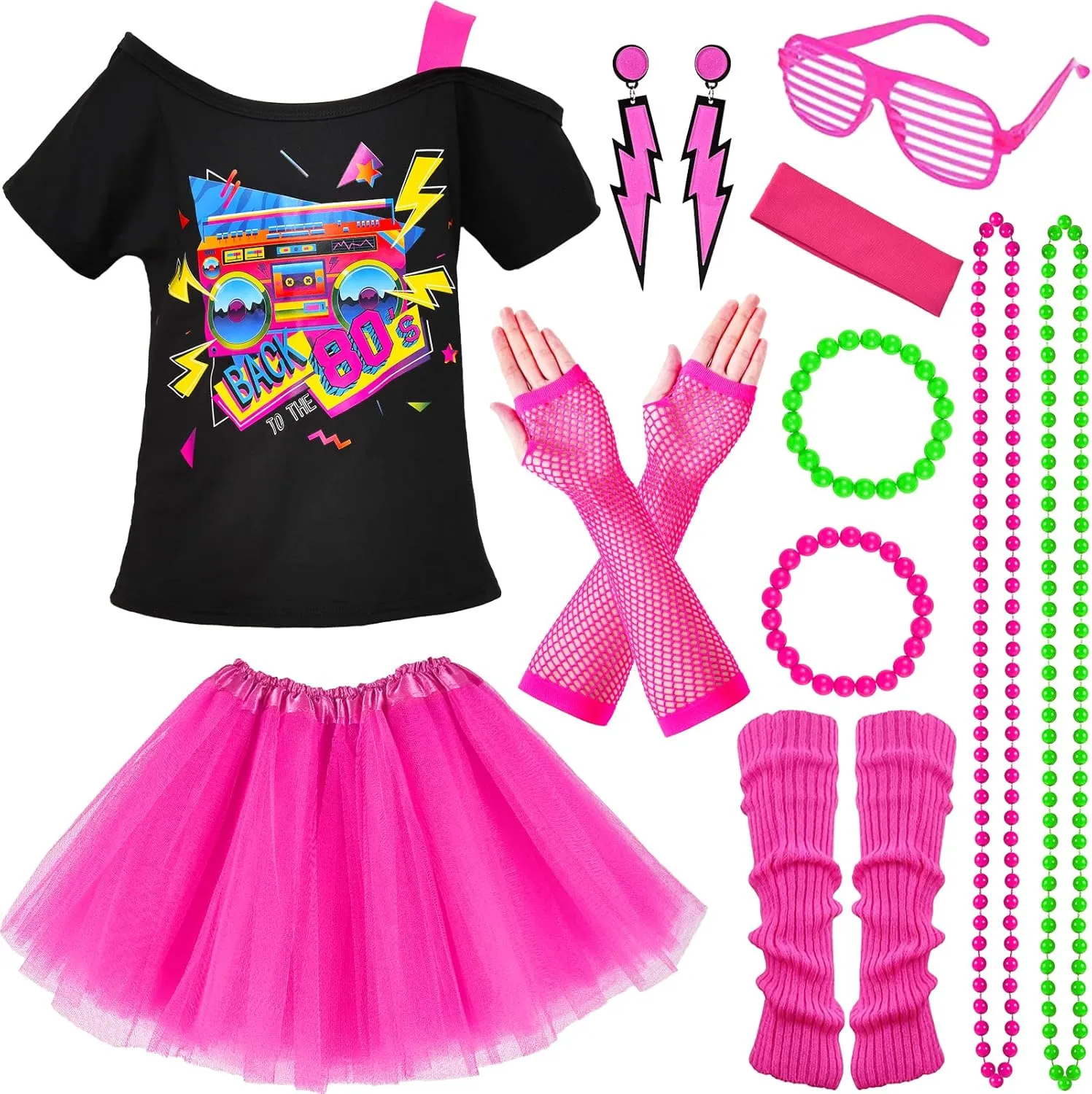 Latocos 14 Pcs 80s Costume Accessories T-Shirt Tutu Skirt Outfits Halloween Cosplay 1980s Theme Retro Party Girls