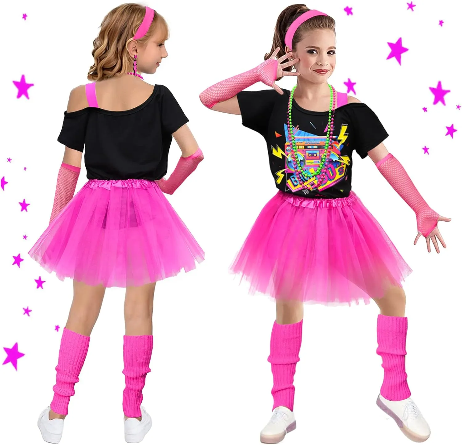 Latocos 14 Pcs 80s Costume Accessories T-Shirt Tutu Skirt Outfits Halloween Cosplay 1980s Theme Retro Party Girls