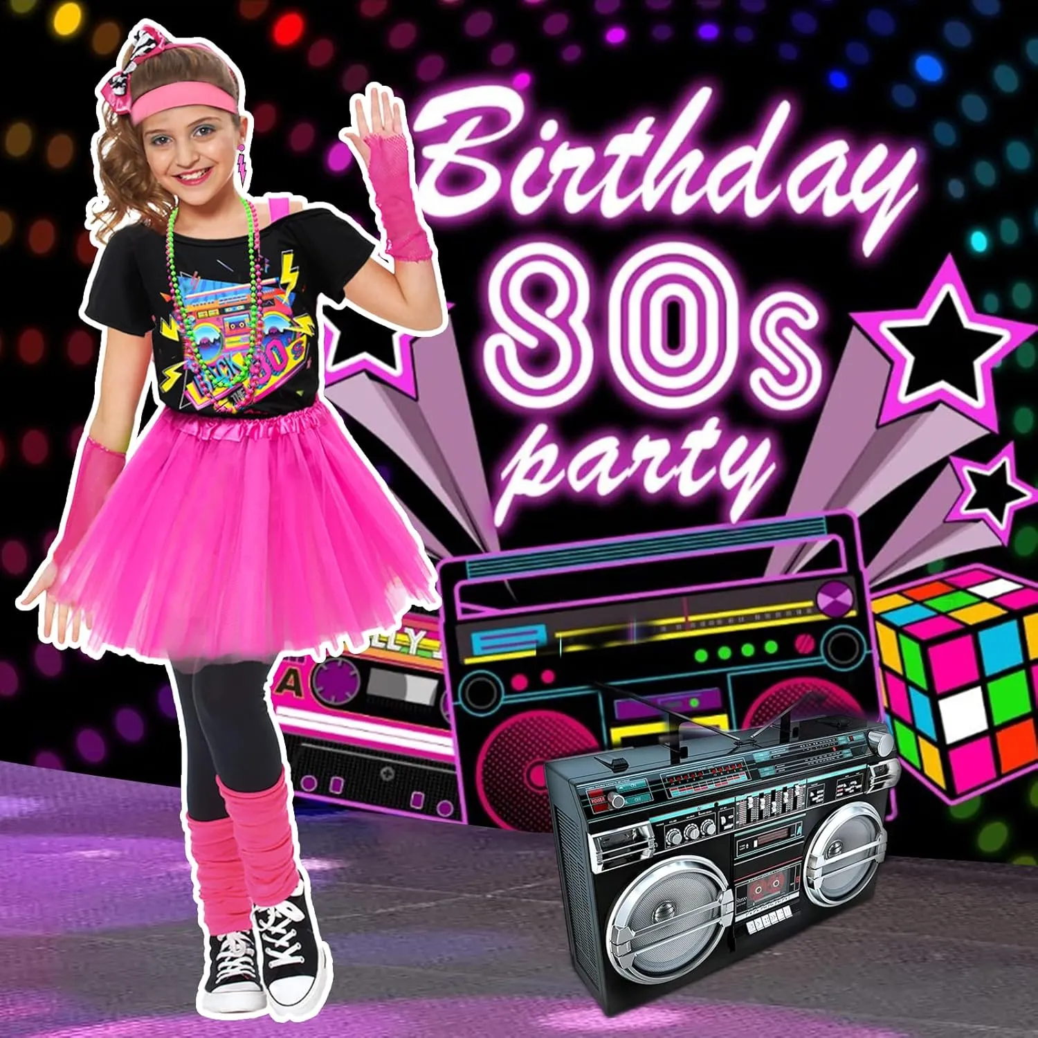 Latocos 14 Pcs 80s Costume Accessories T-Shirt Tutu Skirt Outfits Halloween Cosplay 1980s Theme Retro Party Girls