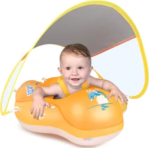 LAYCOL Baby Swimming Float Inflatable Baby Pool Float Ring with Sun Protection Canopy,add Tail no flip Over for Age of 3-36 Months