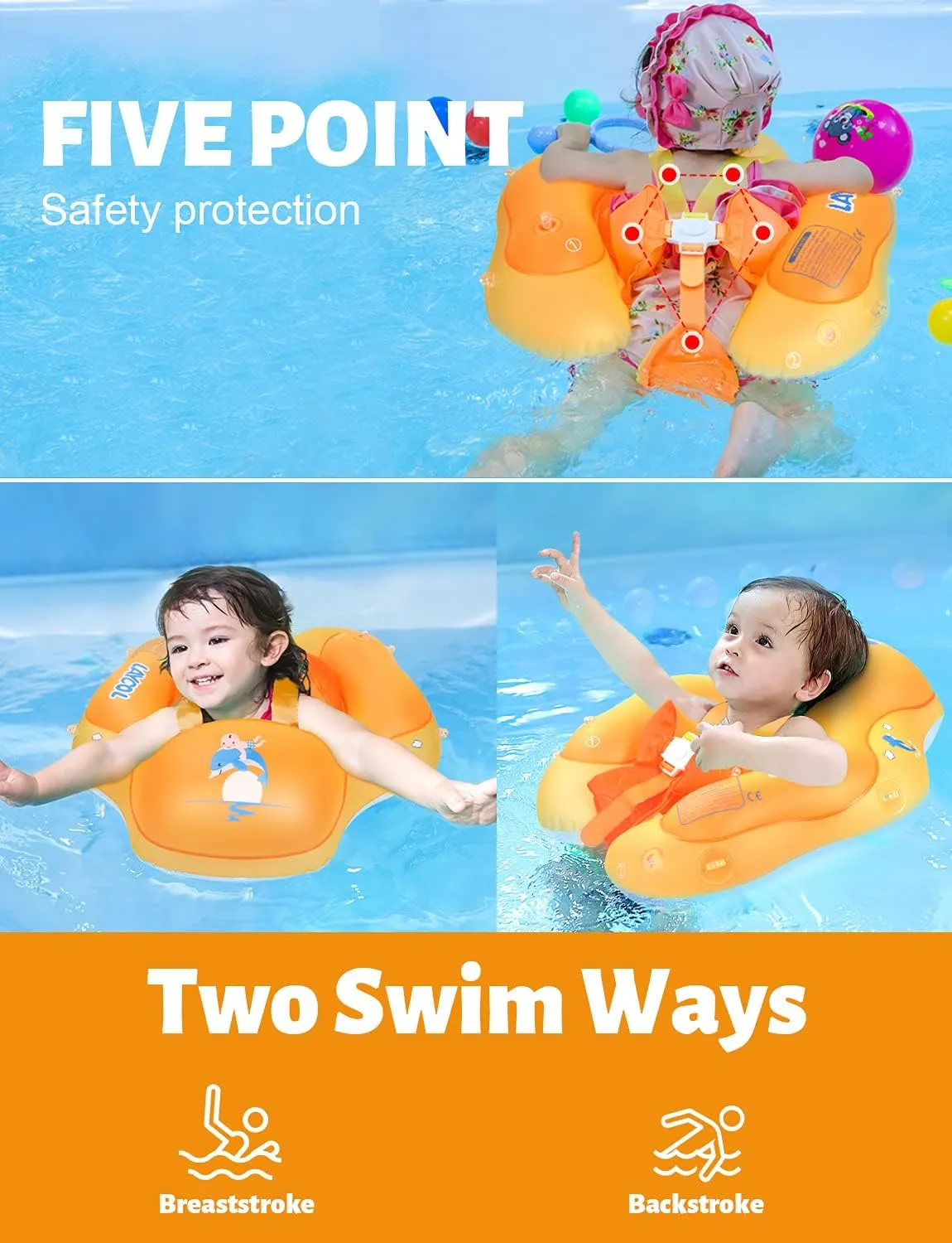 LAYCOL Baby Swimming Float Inflatable Baby Pool Float Ring with Sun Protection Canopy,add Tail no flip Over for Age of 3-36 Months