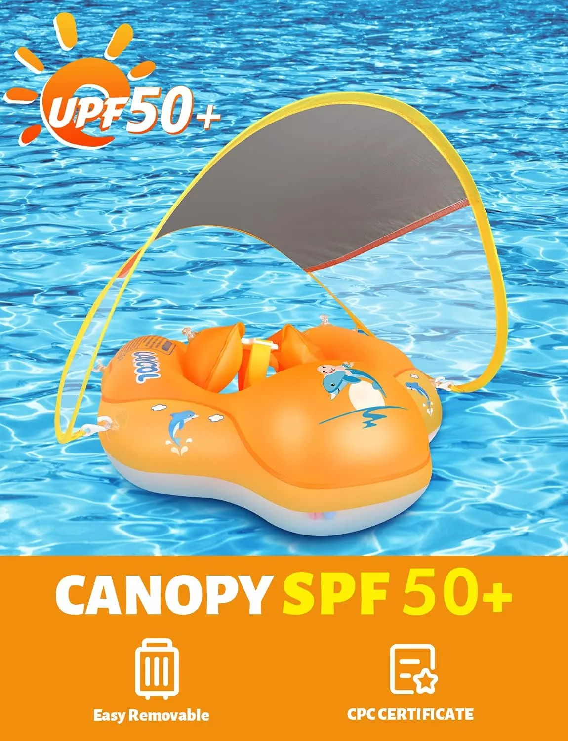 LAYCOL Baby Swimming Float Inflatable Baby Pool Float Ring with Sun Protection Canopy,add Tail no flip Over for Age of 3-36 Months