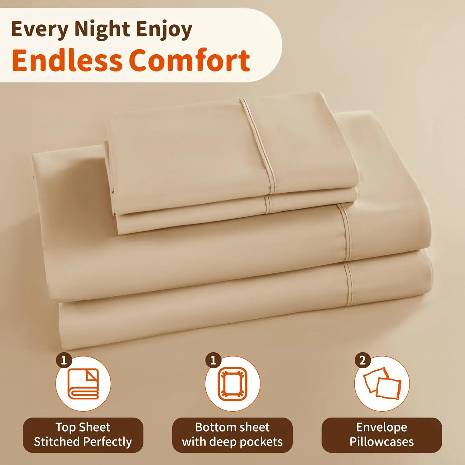 LBRO2M 1000 Thread Count 100% Egyptian Cotton Sheets Set King Size, 4 Piece Sets Bed Sheet Deep Pocket Sheet Set 16" Soft Comfortable All Season (King, Cream)