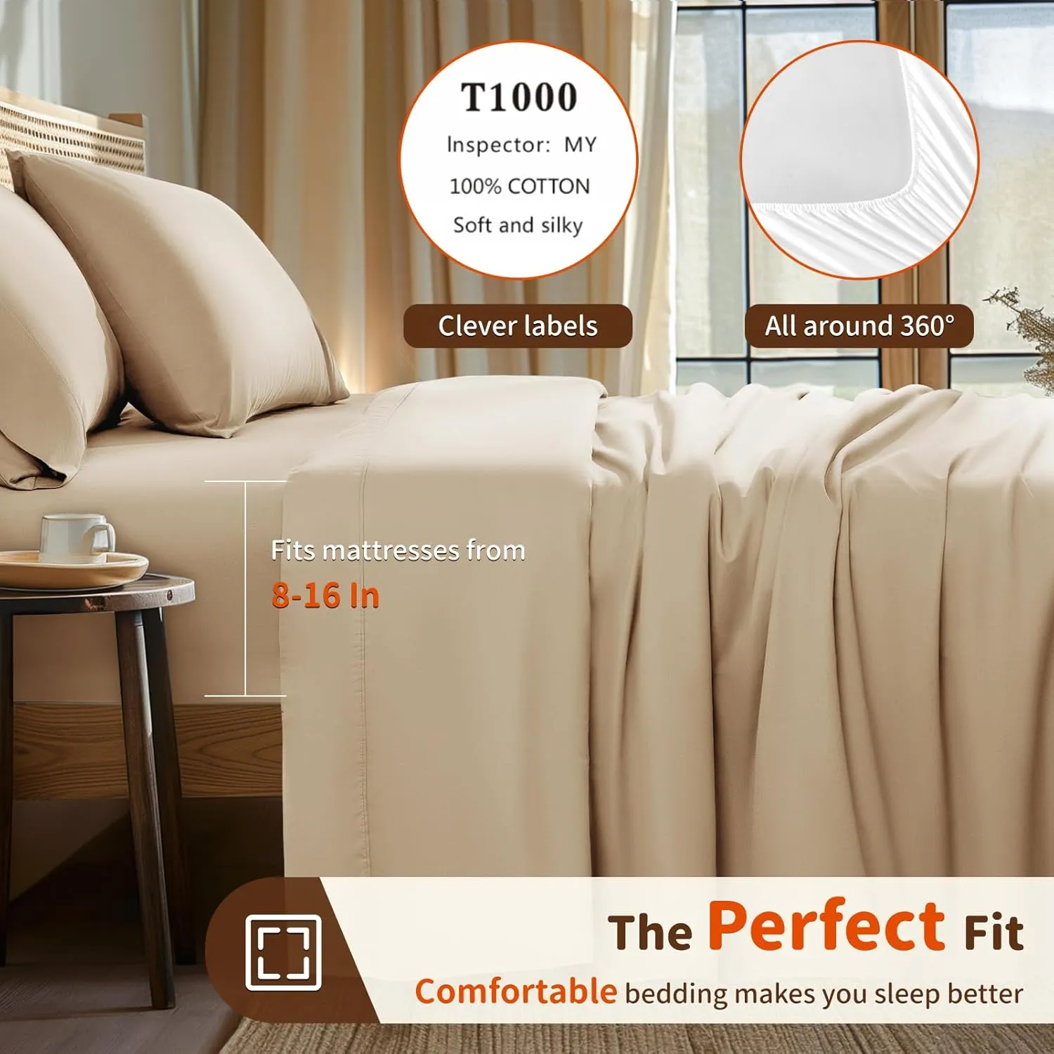 LBRO2M 1000 Thread Count 100% Egyptian Cotton Sheets Set King Size, 4 Piece Sets Bed Sheet Deep Pocket Sheet Set 16" Soft Comfortable All Season (King, Cream)