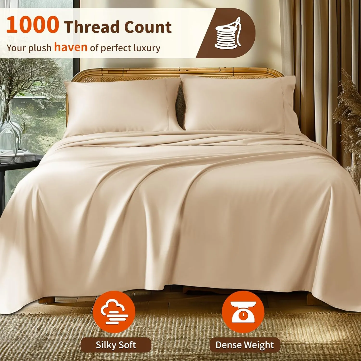 LBRO2M 1000 Thread Count 100% Egyptian Cotton Sheets Set King Size, 4 Piece Sets Bed Sheet Deep Pocket Sheet Set 16" Soft Comfortable All Season (King, Cream)