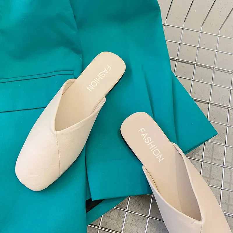 LBSFY  -  Women Mules 2024 Summer Elegant Square Closed Toe Flat Slippers Female Shoes Casual Leather Black White Slides Plus Size 35-41