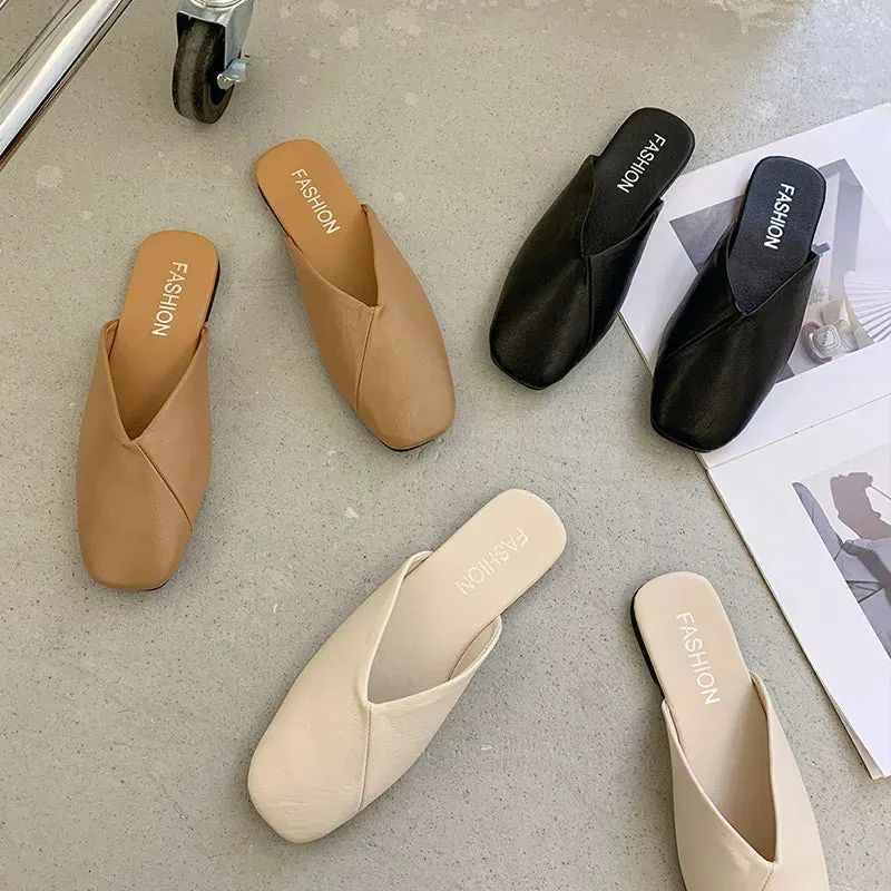 LBSFY  -  Women Mules 2024 Summer Elegant Square Closed Toe Flat Slippers Female Shoes Casual Leather Black White Slides Plus Size 35-41